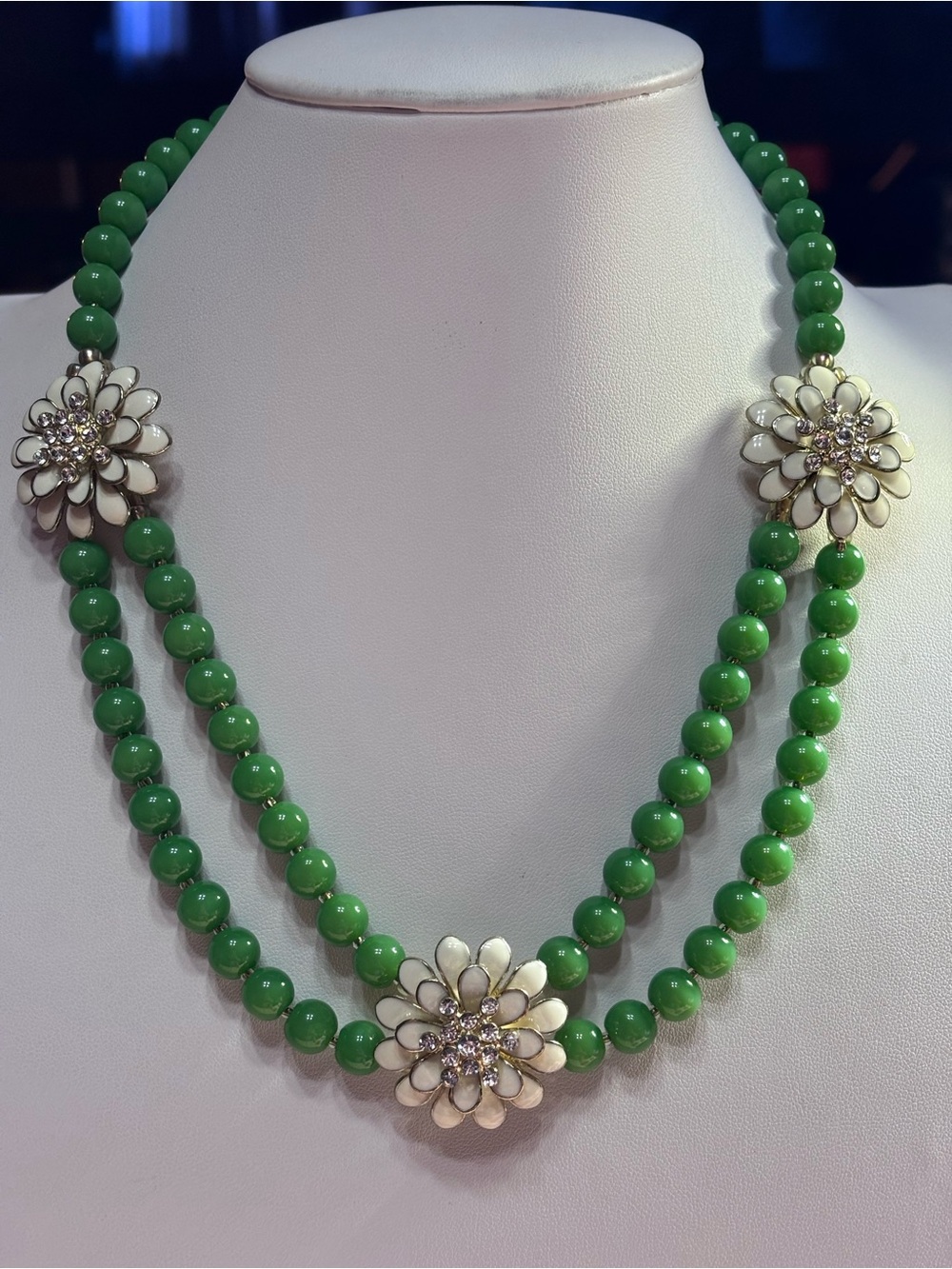 Double Strand Necklace with Green Glass Beads and Ivory Floral Accents 18 inches